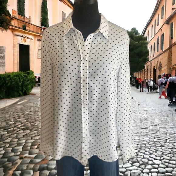 Laundry by Shelli Segal White Blouse with Navy Polka Dots, Size Small - Picture 5 of 12